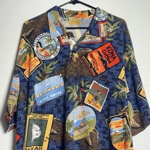 Reyn Spooner Shirt Polo Size L Blue Kona Coffee Bean Hawaiian Large Tiki Hawaii
